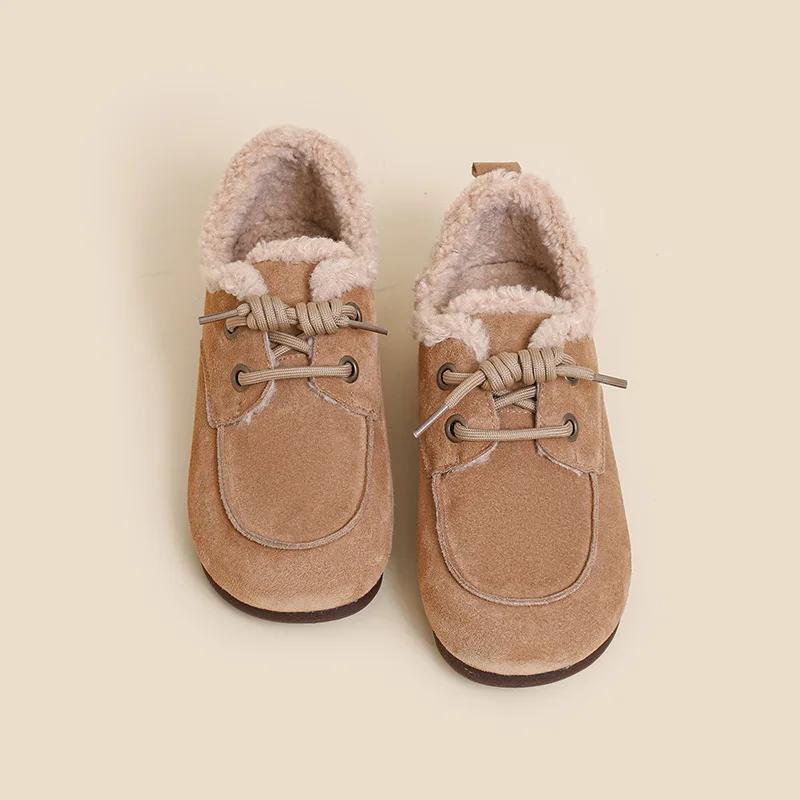 Winter Shoes Women Round Toe Flats Female Footwear Loafers Fur Casual Sneaker Autumn Lace Up Dress Moccasin Suede Cotton Shoes