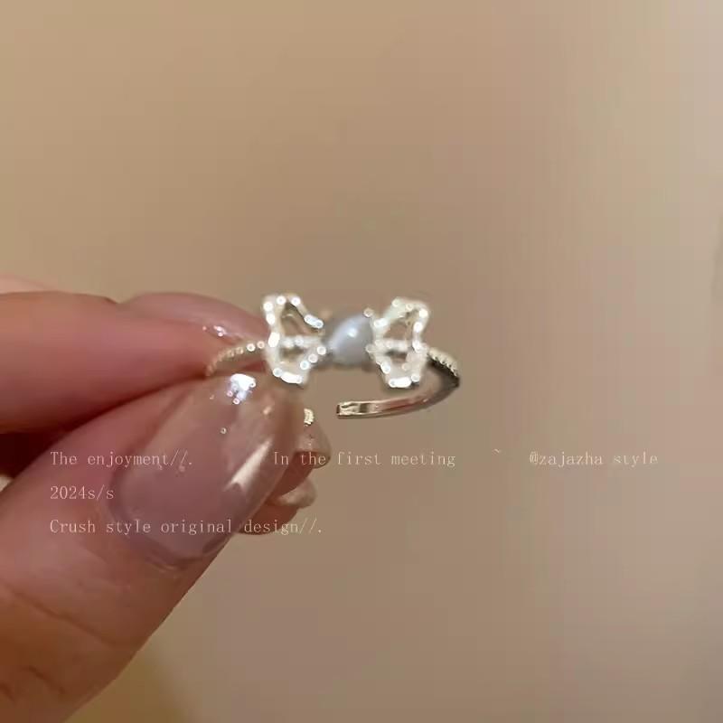 

Cat s Eye Stone Bow Opening Pearl Ring - Women s Summer Luxury High-End Sexy Ring for Index Finger - Sweet Finger Ring Cat-eye bow tie