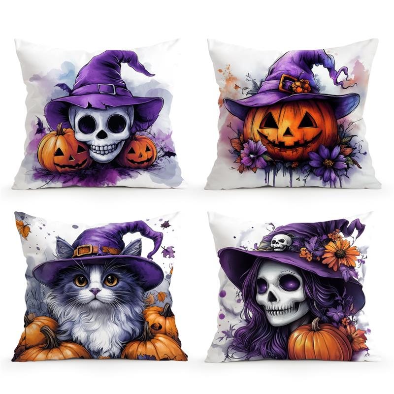 Home Decor Halloween Witch-Themed Skull & Pumpkin Pillows Pattern Cushion Cover Suitable For Sofa Bedroom Car Pillow Cover