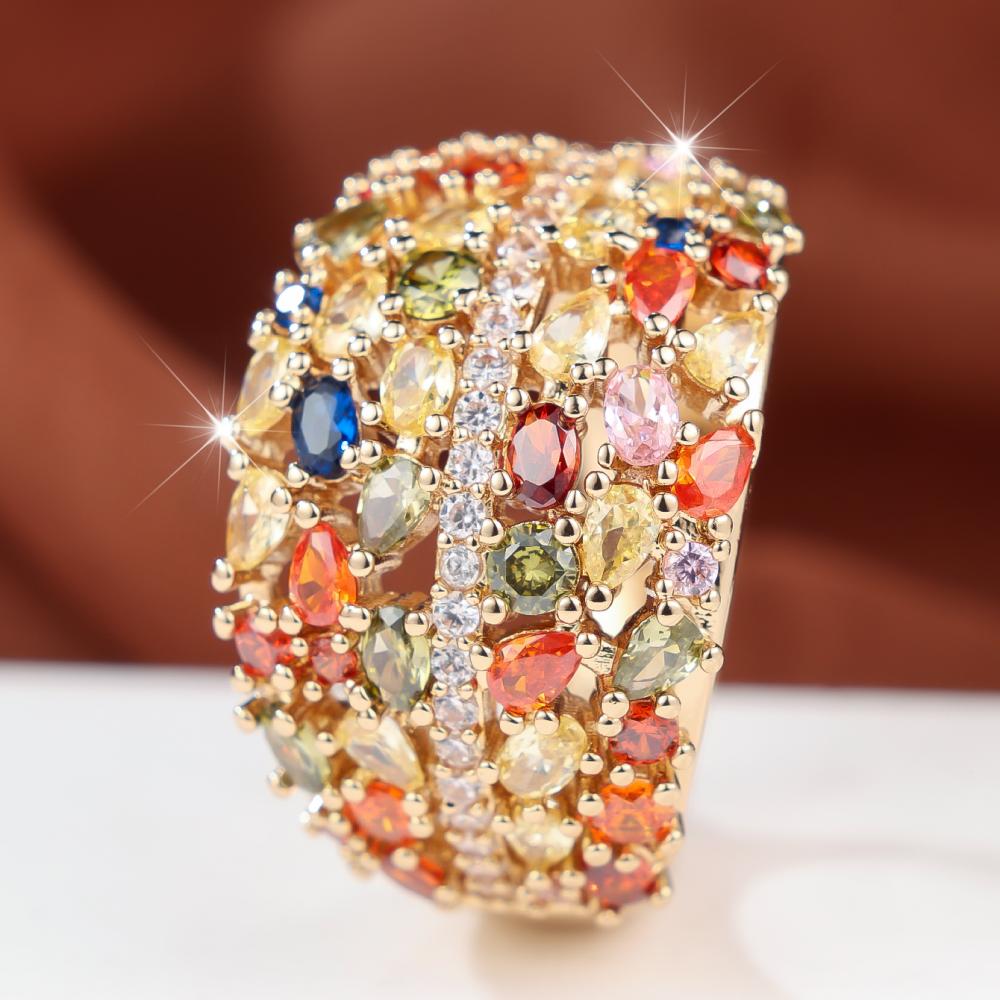 Luxury Gold Color Multi Color Zircon Wide Band Ring for Women Daily Wear and Party