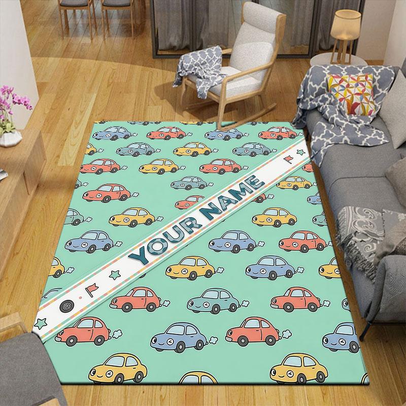 Custom Name,Cartoon Car Pattern Series Home Sofa Decoration for Living Room & Bedroom, Non‑Slip Play Flannel Floor Mat for Game Room