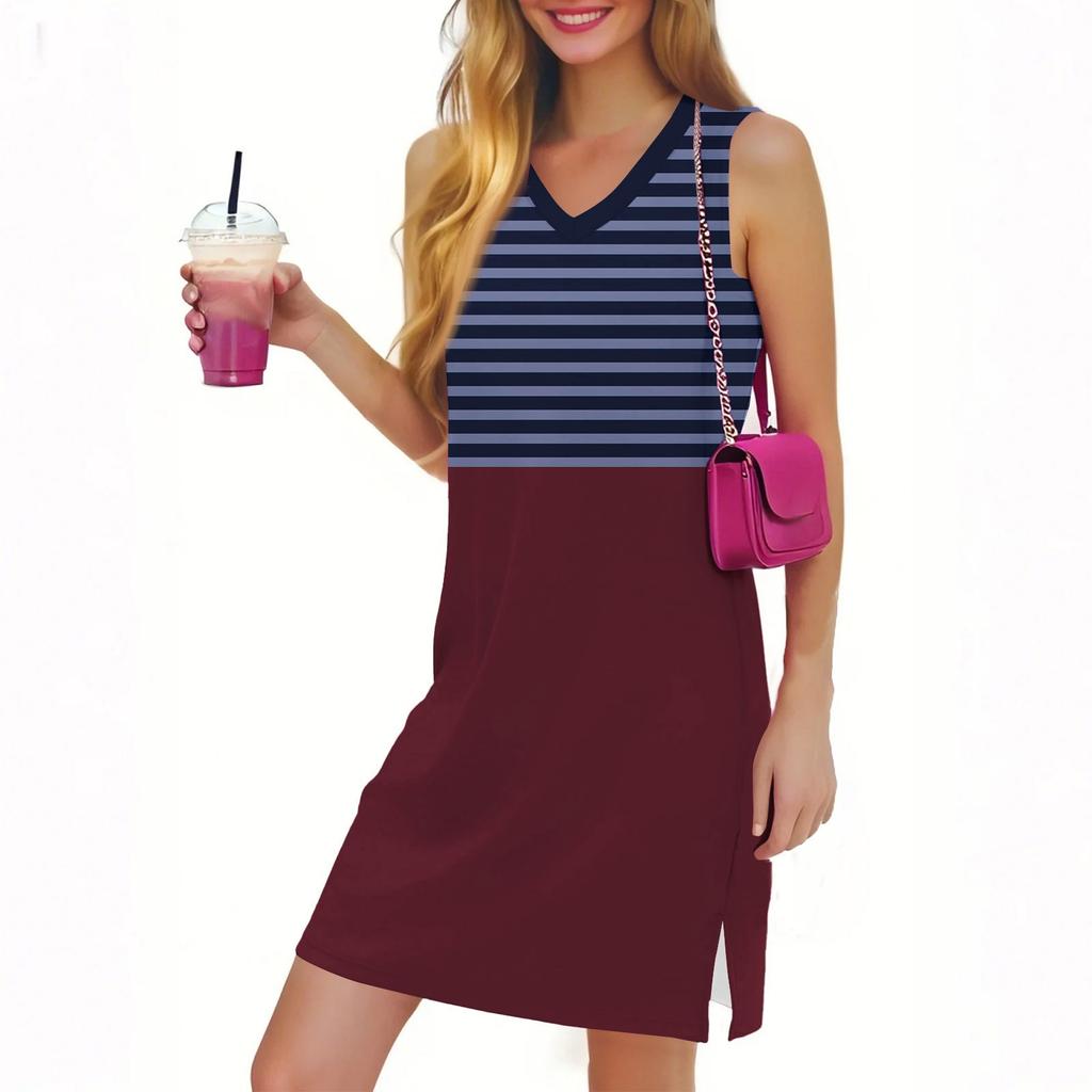 Women's Casual Fashion Sexy V-neck Sleeveless Striped Hem Slit Dress