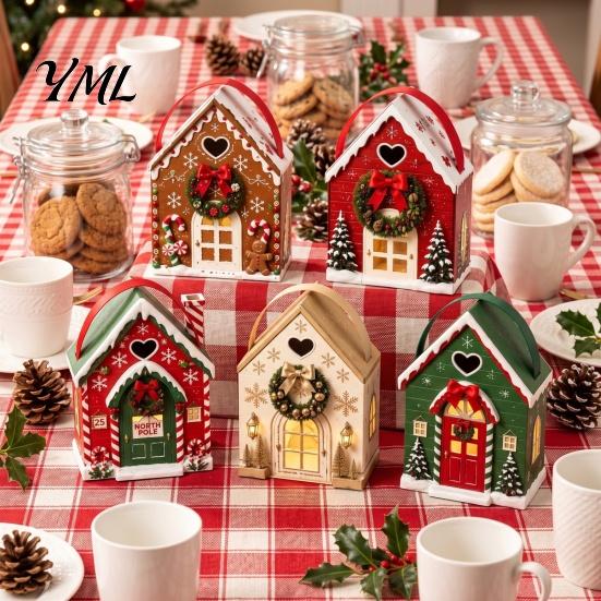 Small Holiday Surprise Boxes Christmas Wonderland Cottage Gift Box, House Shaped Paper Treat Boxes, Eve Containers Snack Holder with Handle