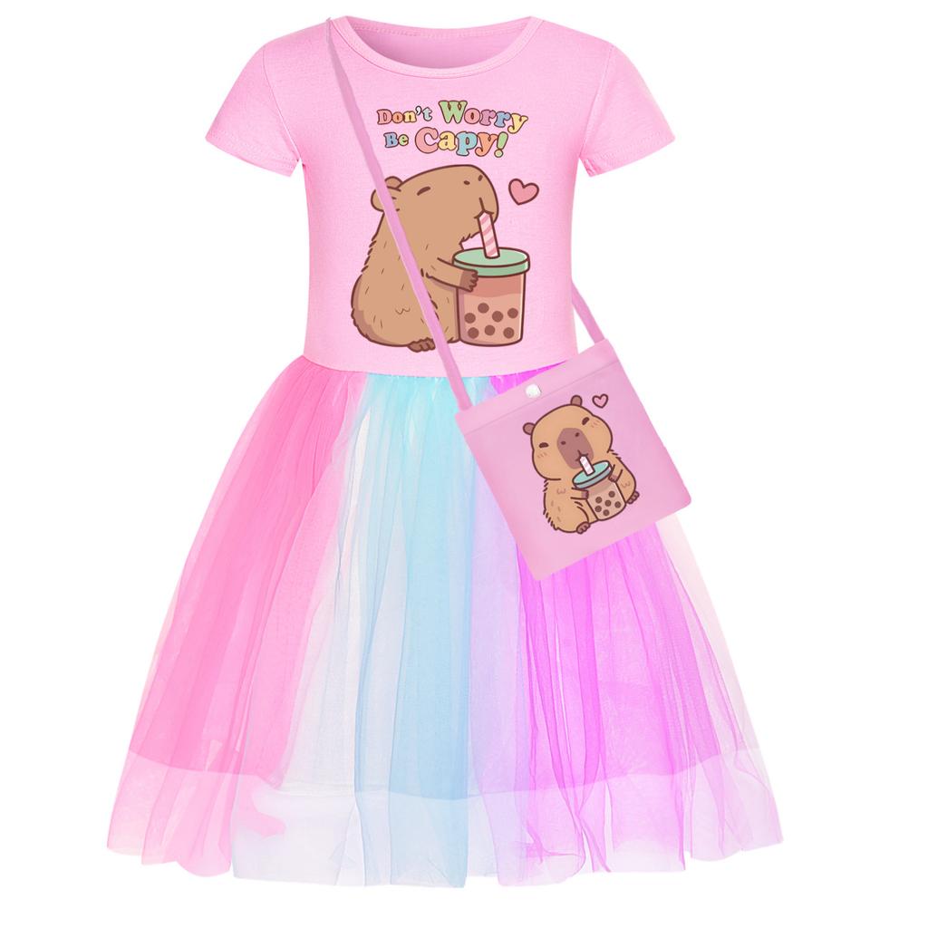 Girls star rainbow lace copybara print dress