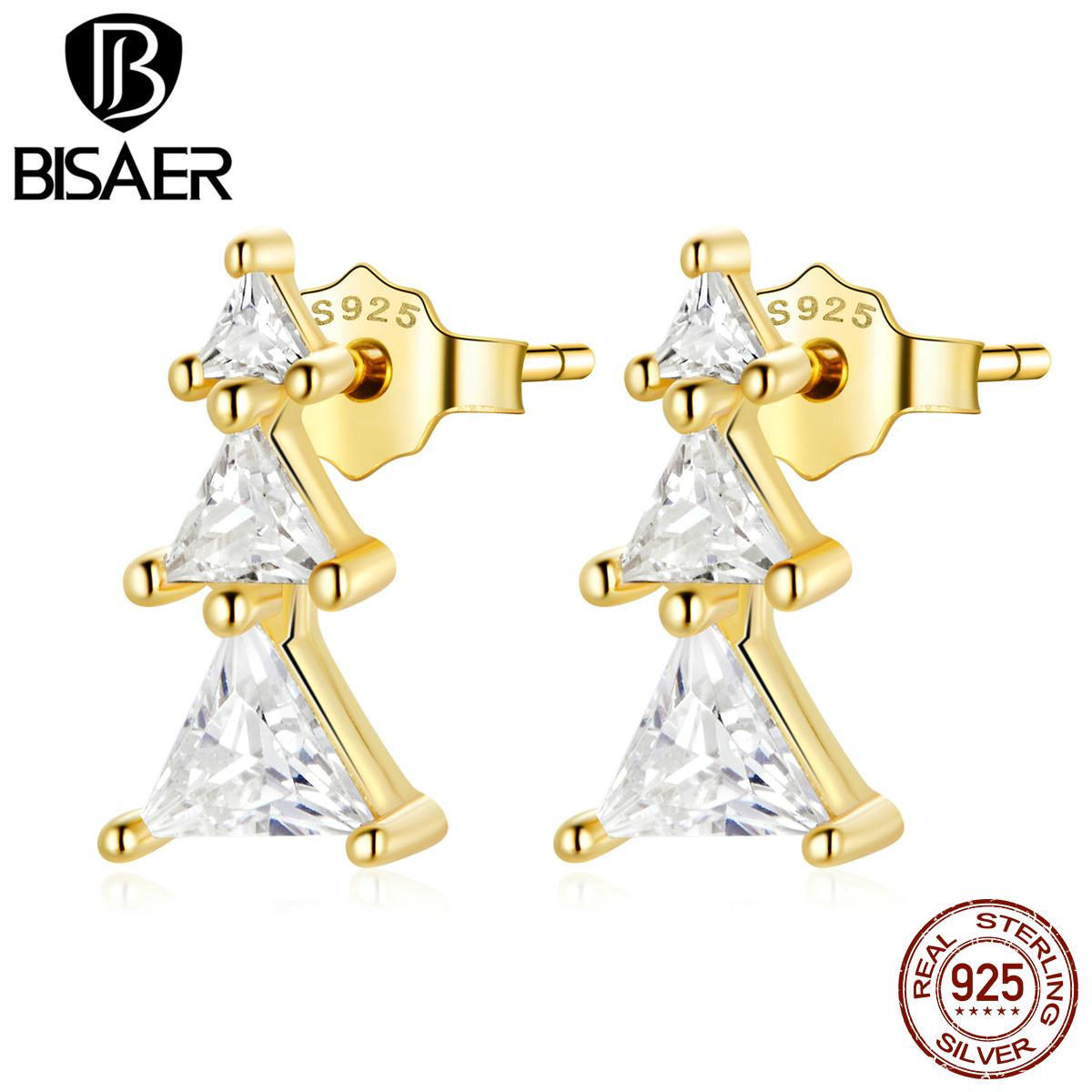 

BISAER стерлингового серебра 925 пробы сверкающие цирконы изысканные серьги в виде рождественской елки для женщин ювелирные изделия золотой