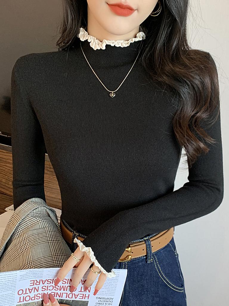 Semi-turtleneck lace bottoming shirt women's spring inner top age-reducing design knitted sweater