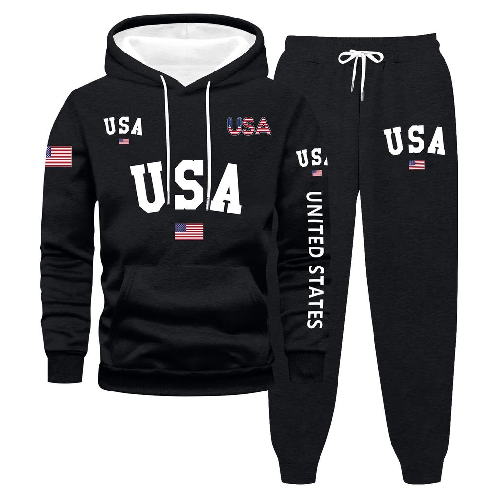 Men's Large Size Solid Color Printed Sweatshirt Set Men's Casual Sports Suit Sweatshirt Set