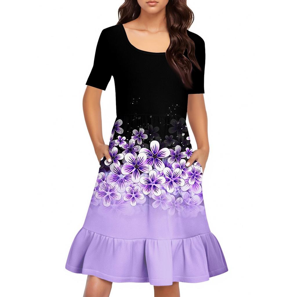 Women's Casual Round Neck Short Sleeved Dress Loose Waist Pleated Dress Waist Pleated Dress