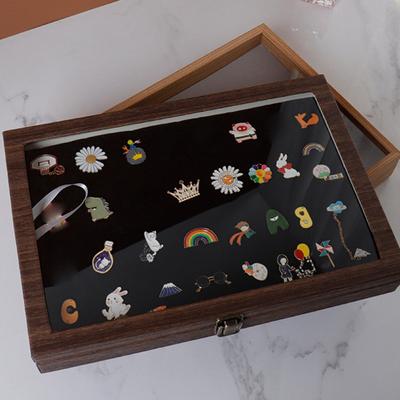 Pu Badge Storage Box New High-Capacity Wood Chest Pin Display Box Empty Transparent Glass Cover Medal Display Case