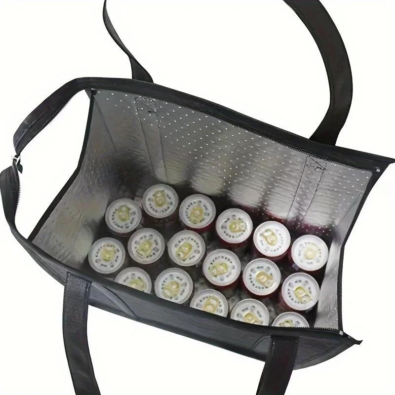 1pc Insulated Grocery Bags, Handheld Thermal Storage Bags, Black Cooler Tote Bags