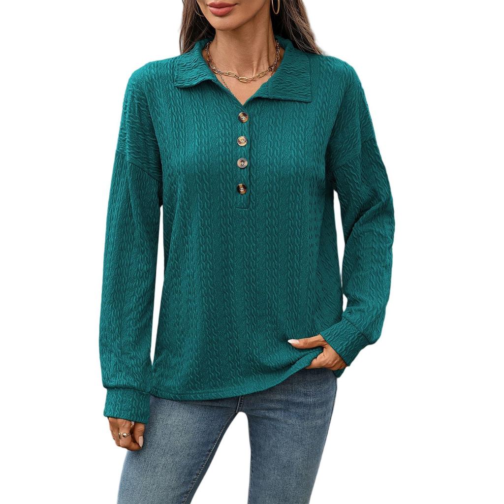 Dammode Enfärgad Revers Knäppning Sömnad Lös Långärmad T-shirt Topp