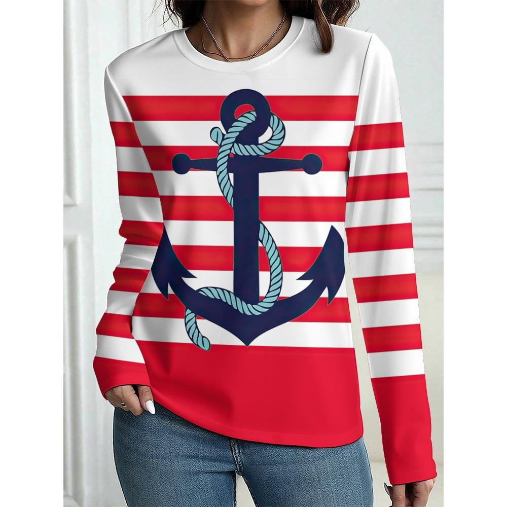 Damen T-Shirt Outdoor Freizeit Langarm Gestreift Anker Muster 3D Druck Oberteile Straße Rundhals Herbst Übergroß Kleidung
