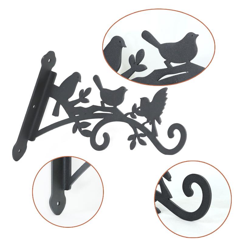 Bird Pattern Flower Basket Holder Wall Mounted Metal Bracket Hanger Rustic Style Wide Base for Outdoor Indoor Garden Yard Street