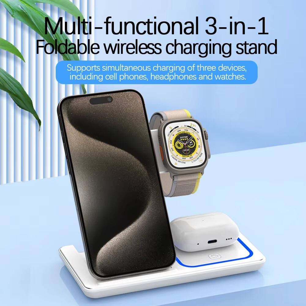 30W 3-i-1 Vikbar LED Snabb Trådlös Laddare Ställ Laddningsstation För Apple 15 14 13 12 11 Apple Watch 9 8 7 6 5 Airpods Pro