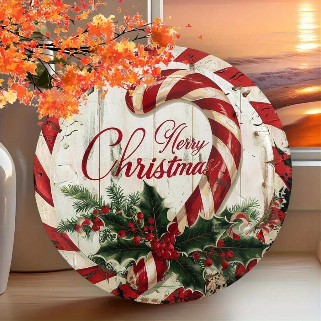 pc Vintage Aluminum Merry Christmas Sign x inches Round Festive Wall Decor with Candy Cane and Holly Design for Home