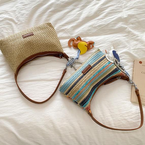 IELGY Straw Bag Summer All-Match Cross-Body Bucket Bag