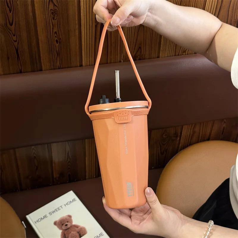 

Чашки для кофе из нержавеющей стали с вакуумной изоляцией, переносные термокружки большой емкости для льда с силиконовой веревкой и трубочкой для воды 600ML