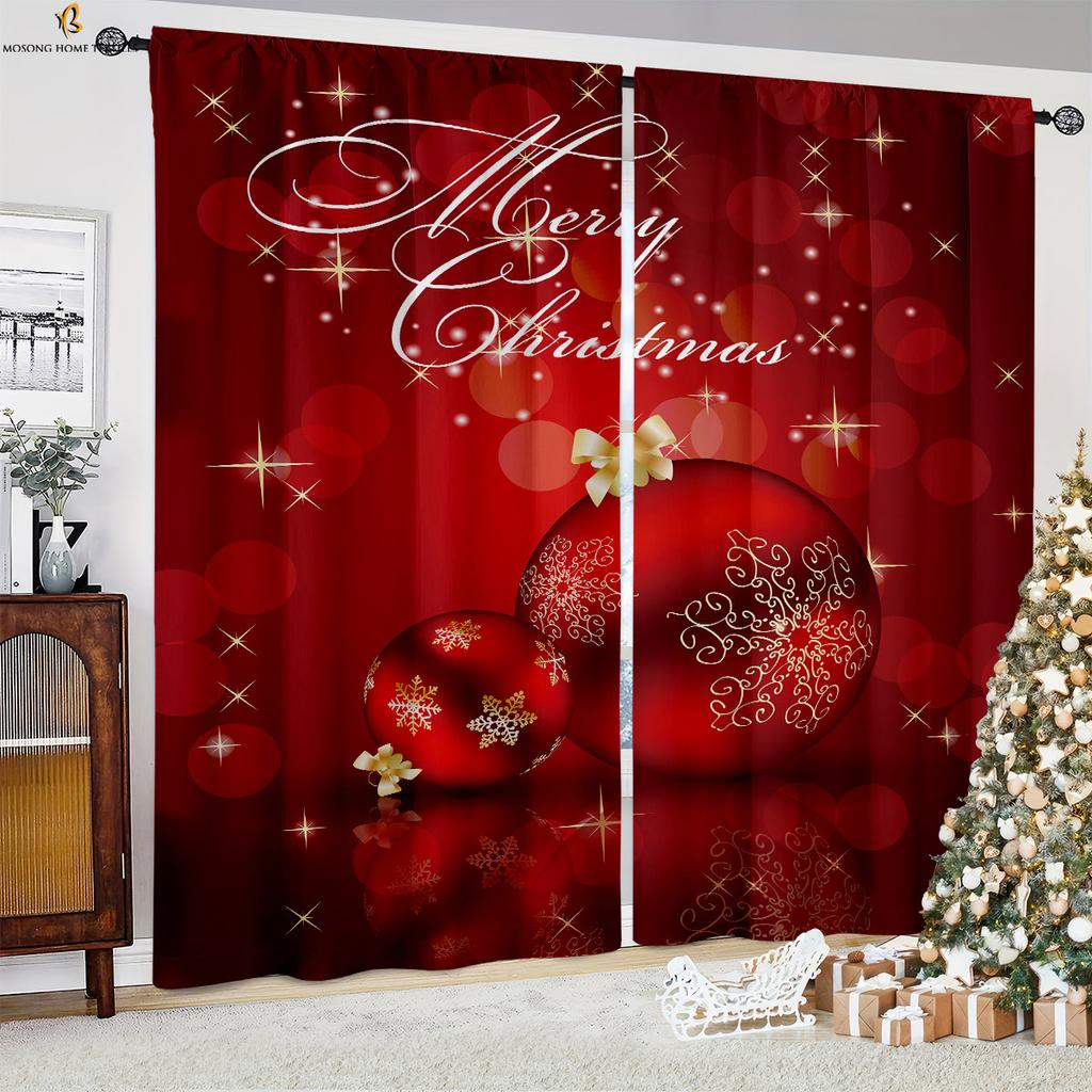 Weihnachtsbaum Schneemann Kamin Cartoon-Druck Vorhänge Geeignet für Schlafzimmer Restaurant Neujahrsparty Dekoration Vorhänge 2 Stück