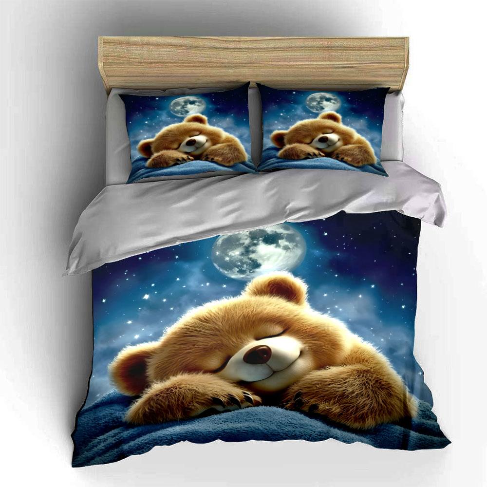 Sleeping bear under moon. Print Bedding Set 1 Duvet Cover 2 Pillowcases for Adult and Children Luxury Gift Full Size