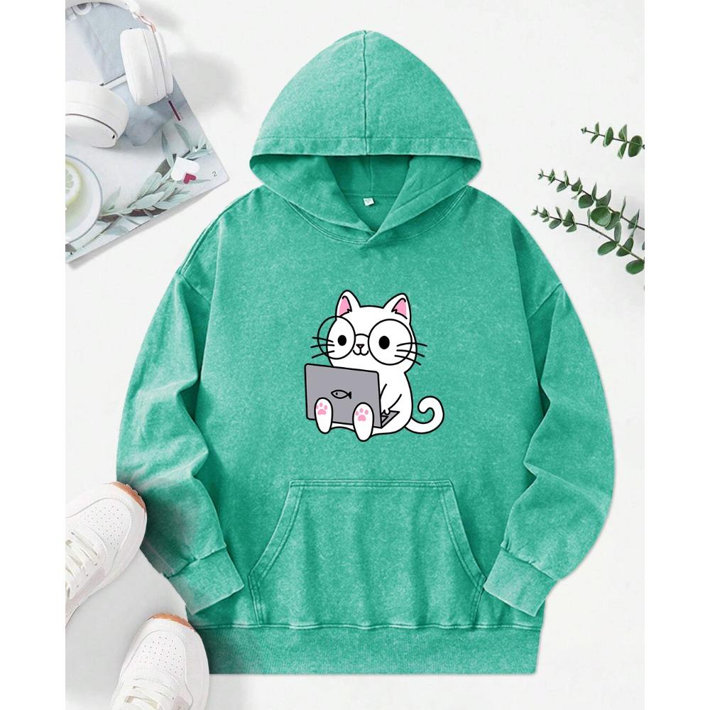 Abstract Cat Work Printed Womens Washed Hoodie Vintage Loose Streetwear Hip Hop Pocket Clothes Hoody