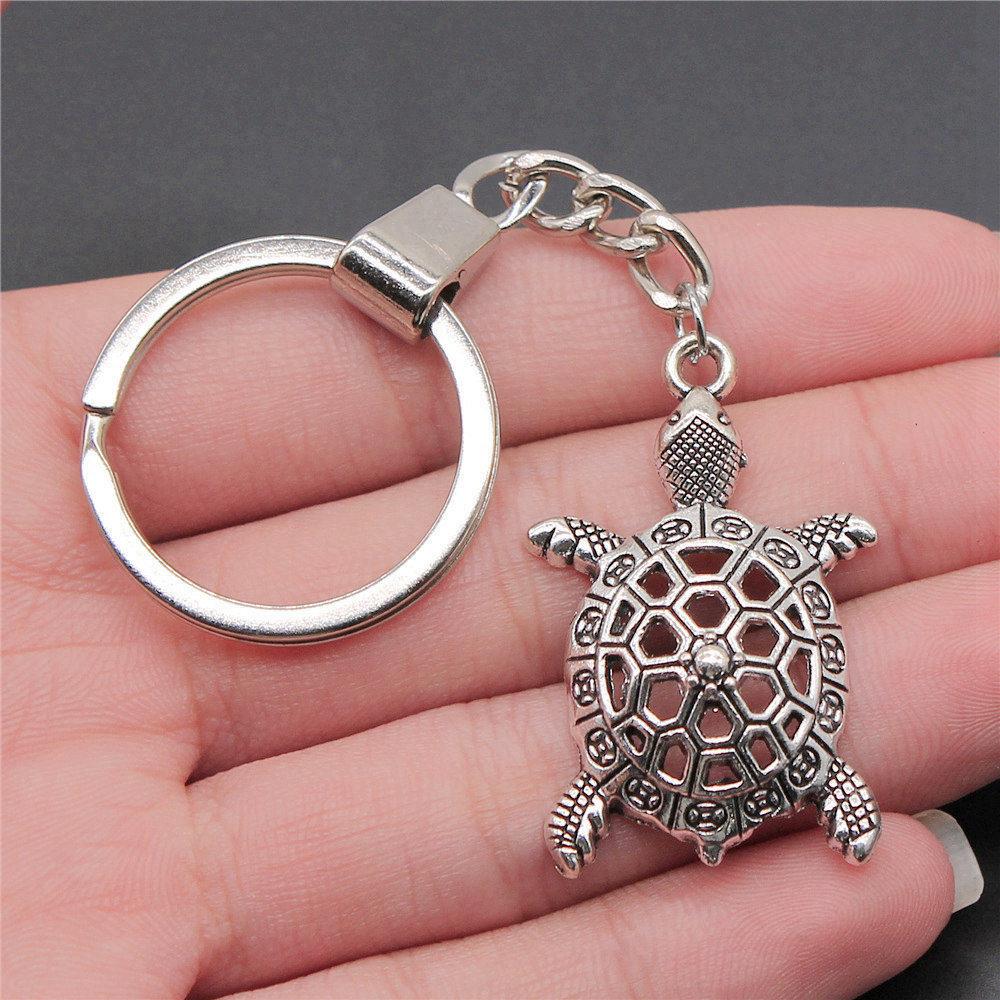 Marine Life Turtle Ocean Creature Pendant Antique Bronze Metal Keychain with 30mm Ring for Men Fashion Gift