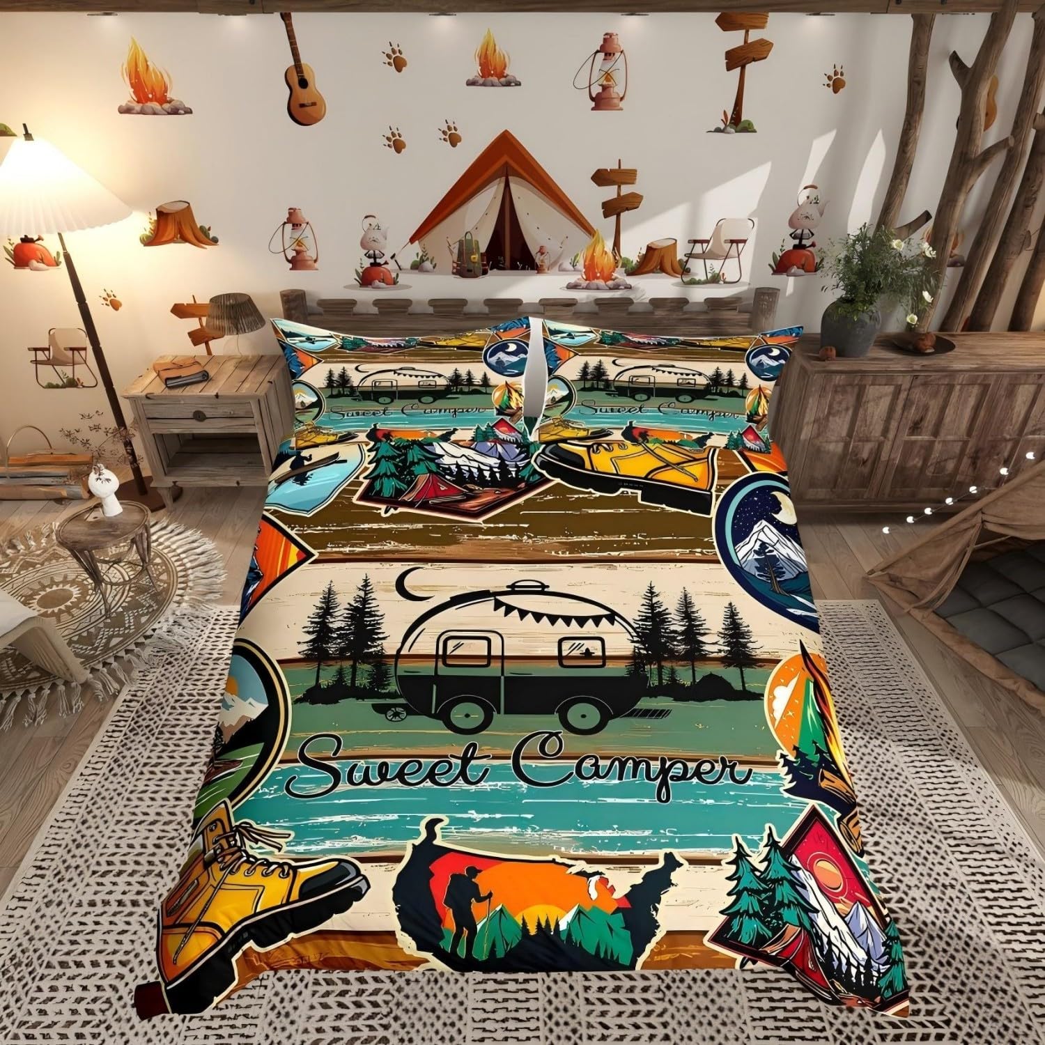 Camping Rules Duvet Cover Camper Bedding Set Twin Size for Kids Child,Rustic Cabin Camping Comforter Cover Set Farmhouse Style Camping Decor 155x200cm