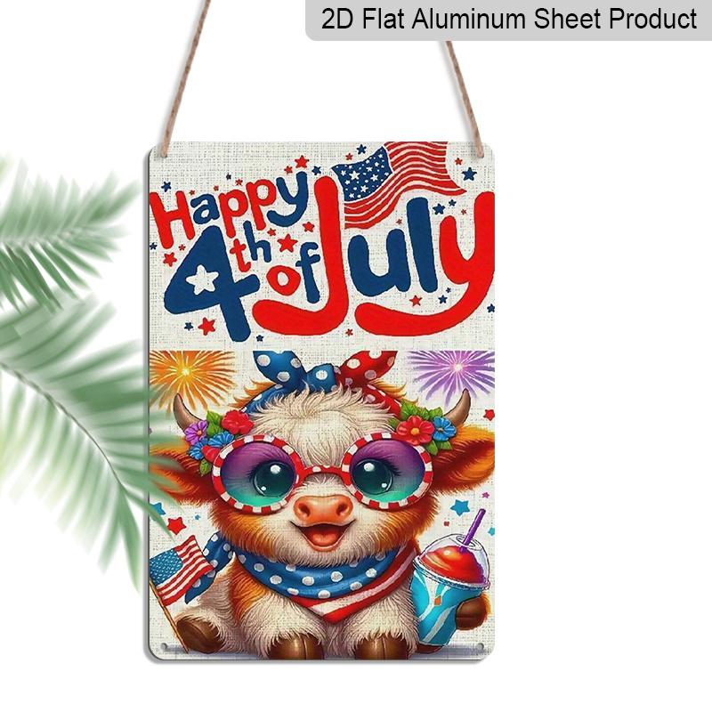 

2D Flat 1pc Patriotic Metal Sign, Aluminium Metal Wall Decor, Cute Cow with American Flag Fashion Glasses & Fireworks Design | 12x8 Inch Outdoor 20*30cm