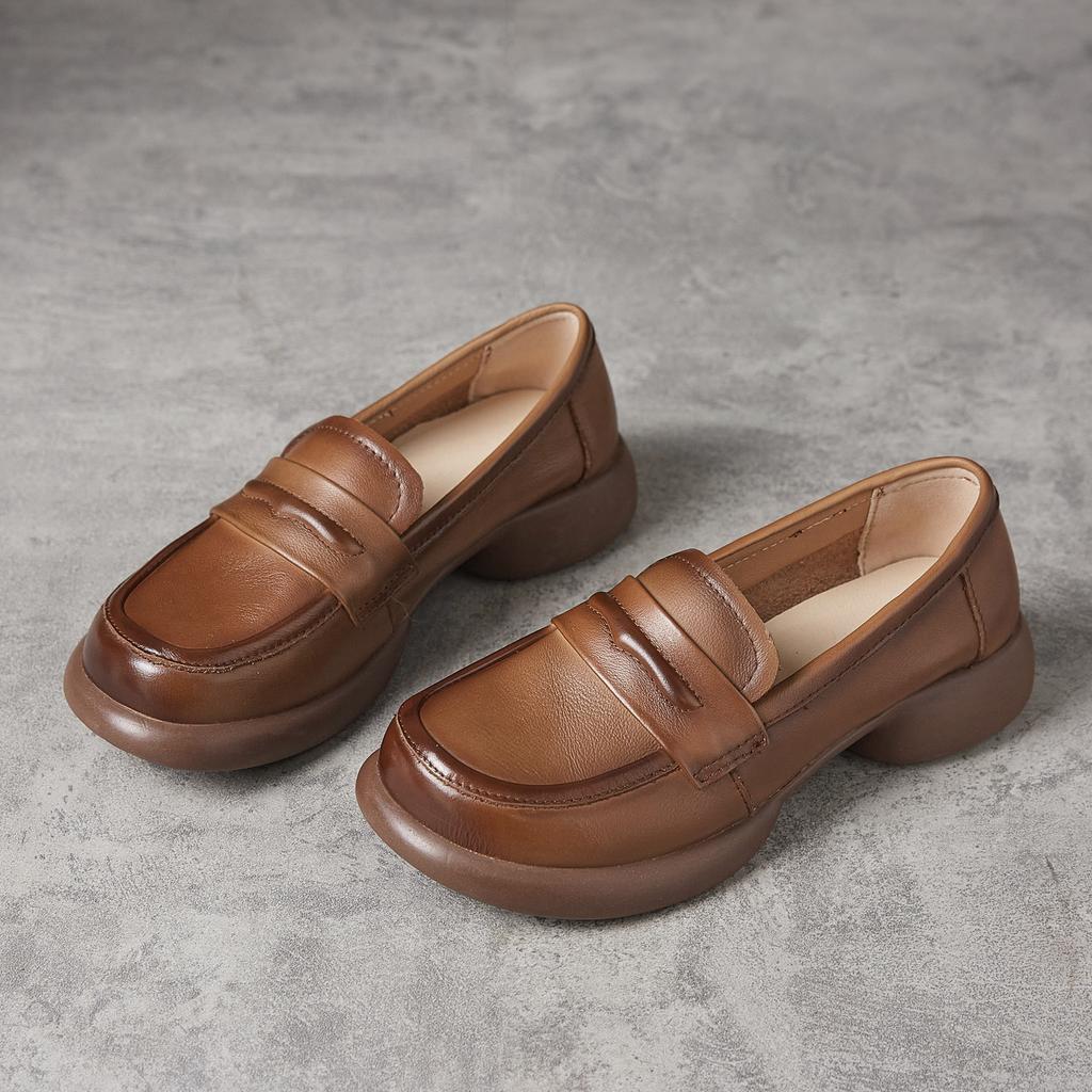 Spring new thick heel casual leather shoes women's soft surface rubber sole one pedal versatile small leather shoes women