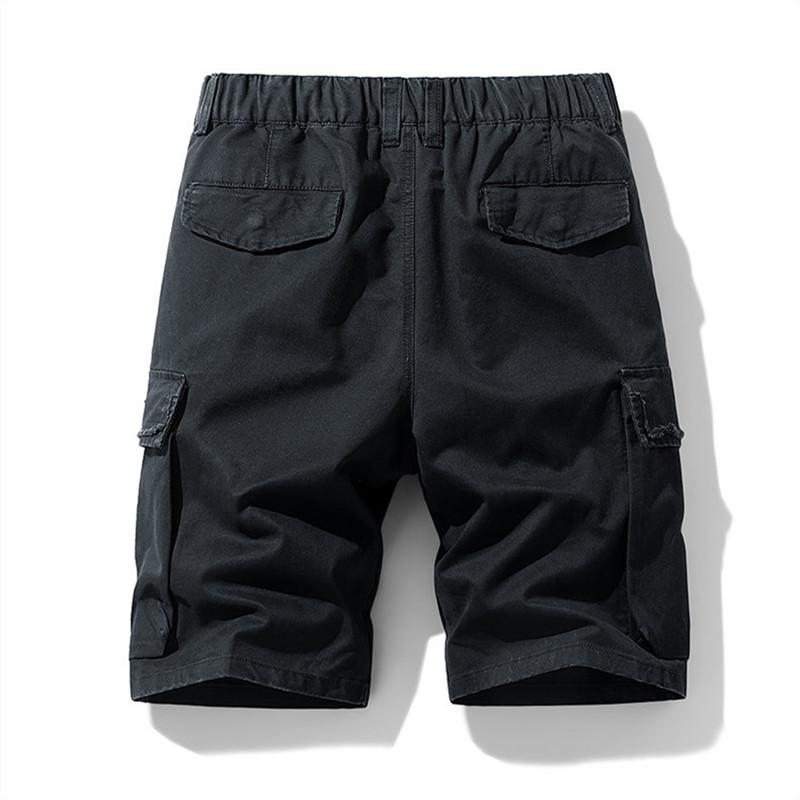 Mens Vintage Cotton Cargo Shorts Half Elastic Waist Multi Pockets Outdoor Trousers Men Knee-Length Casual Work Shorts