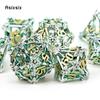 7 Pcs Silver Green Leaf Flower Metal Dice Hollow Metal Polyhedral Dice Set Suitable For Role-Playing Dice PropBoard Game Gift