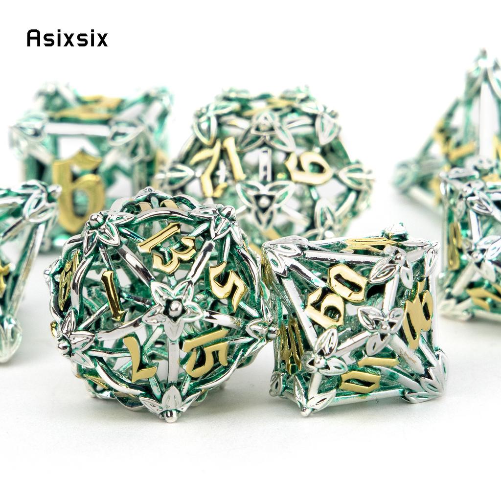 7 Pcs Silver Green Leaf Flower Metal Dice Hollow Metal Polyhedral Dice Set Suitable For Role-Playing Dice PropBoard Game Gift