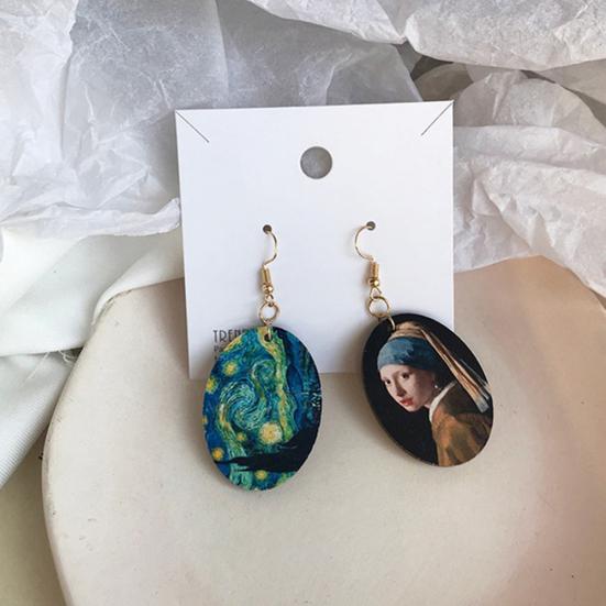 

Женщины Овальная картина маслом Асимметричные серьги-крючки Деревянный кулон Эмалированная ниша