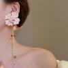 1 Pair Drop Earrings Bright Color Fabric Flower Rhinestones Tassel