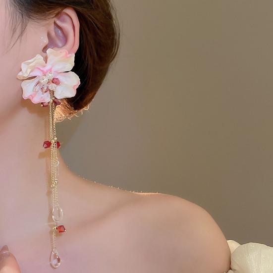 1 Pair Drop Earrings Bright Color Fabric Flower Rhinestones Tassel Long Earrings Holiday Statement Earrings