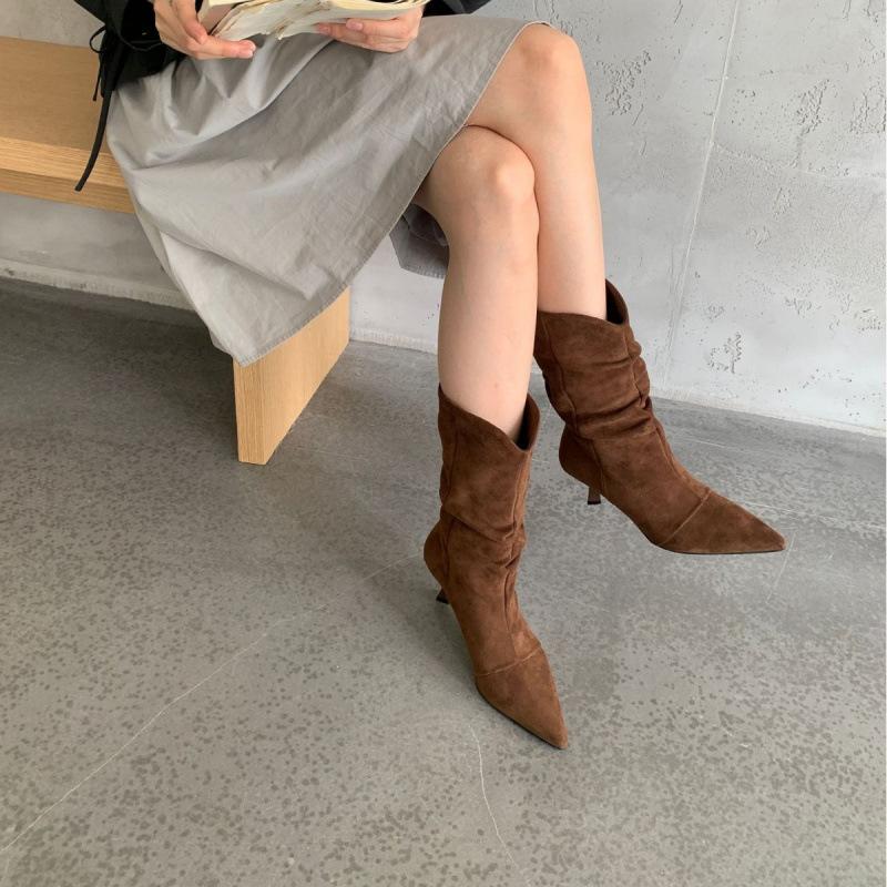 2025 Autumn and Winter Thin Heel High Heel Women's Boots Suede V Mouth Medium Tube Thin Pointed Fashion Boots