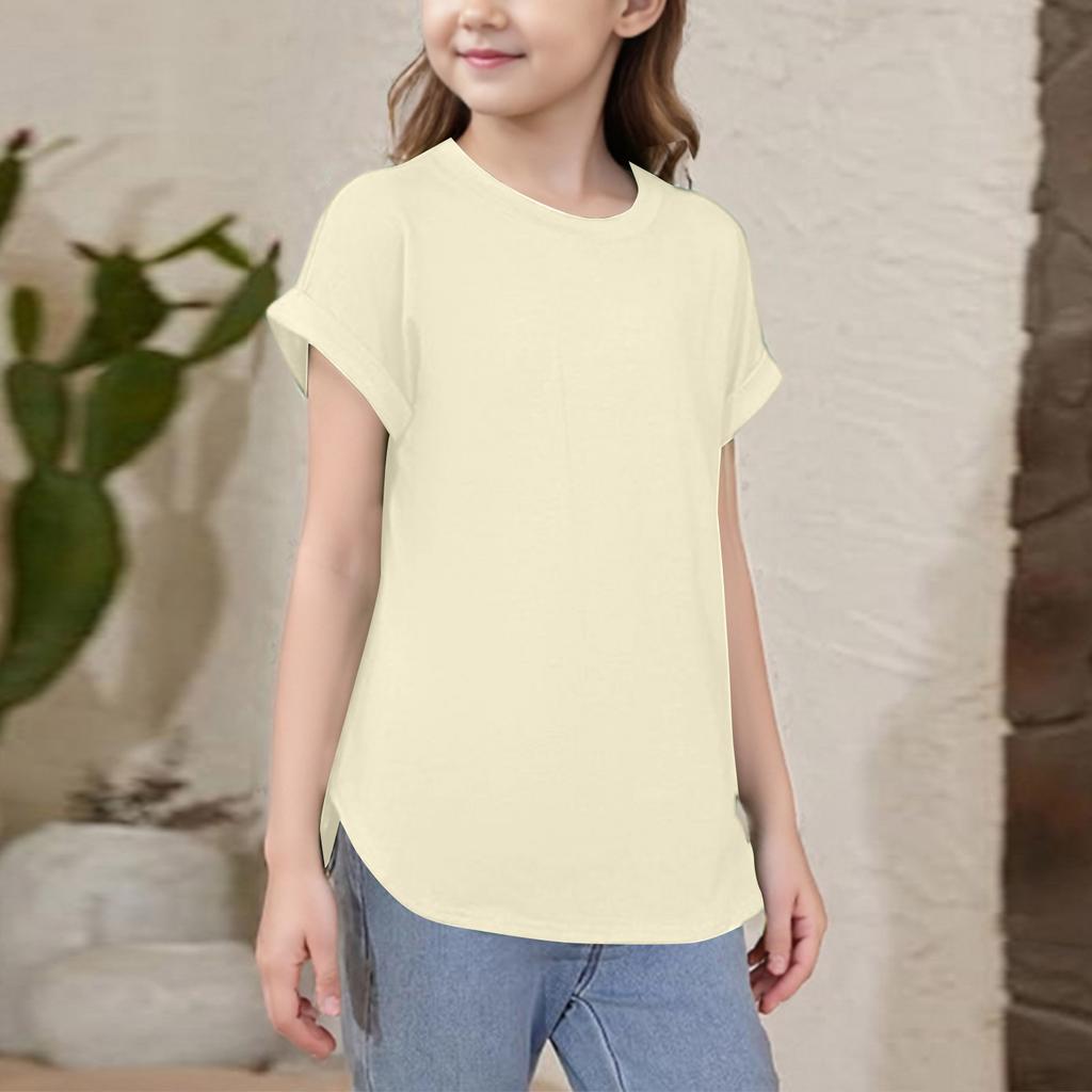 Girls Short Sleeve T Shirts Kids Crewneck Curve Summer Tees Hem Tops Sleeve T Shirts
