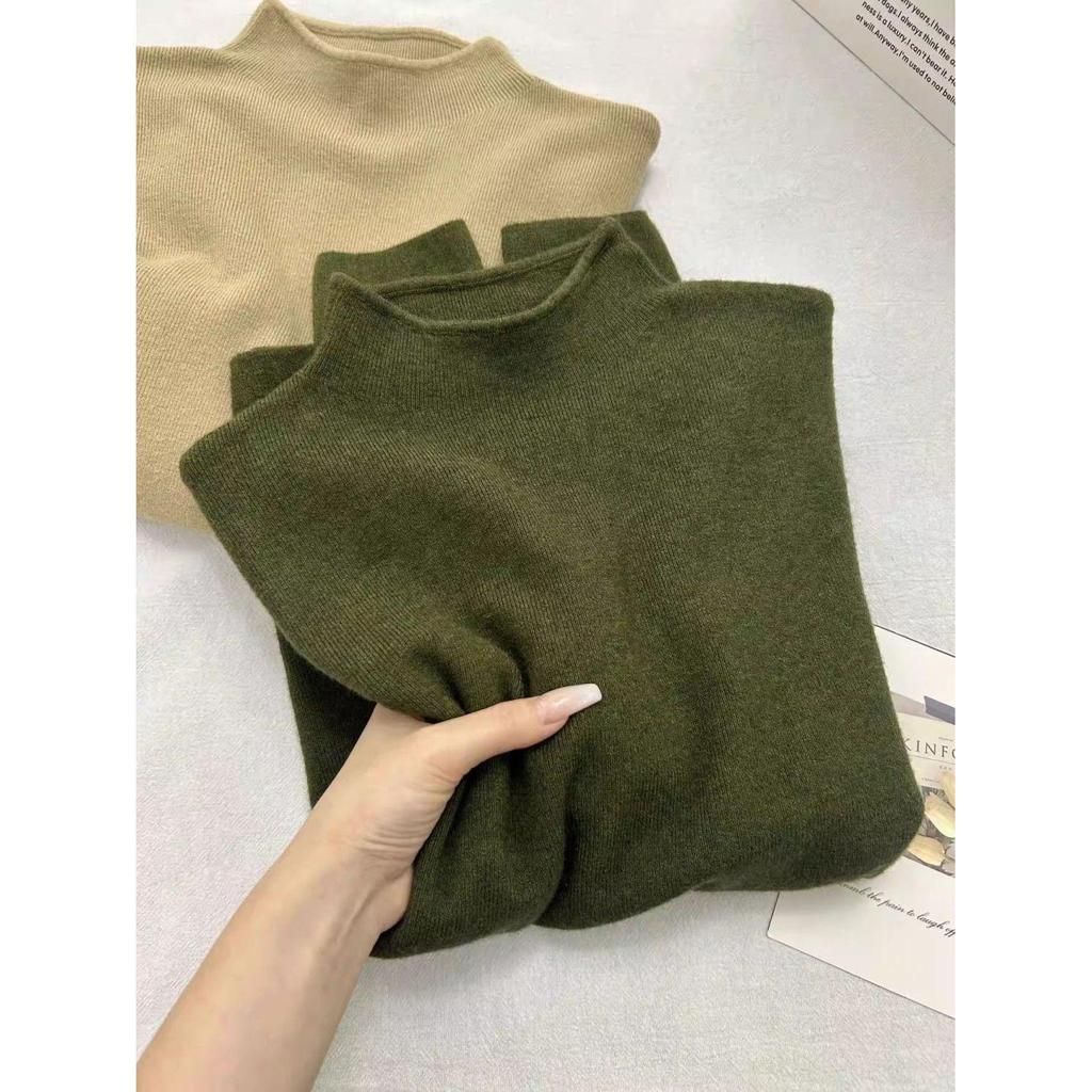 Olive Green Women's Slimming Knit Sweater - Autumn/Winter Half-High Neck Base Layer