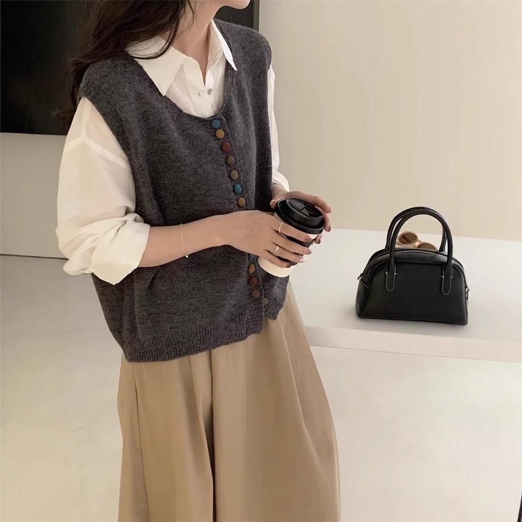 Color Button Knit Vest Women Artistic Retro Minimalist Versatile Round Neck Cardigan Waistcoat