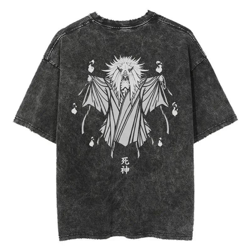 Streetwear T-Shirt Japanese Anime Graphic Retro Washed Black T-Shirt Men s Cotton Short Sleeve T-Shirt Loose On M