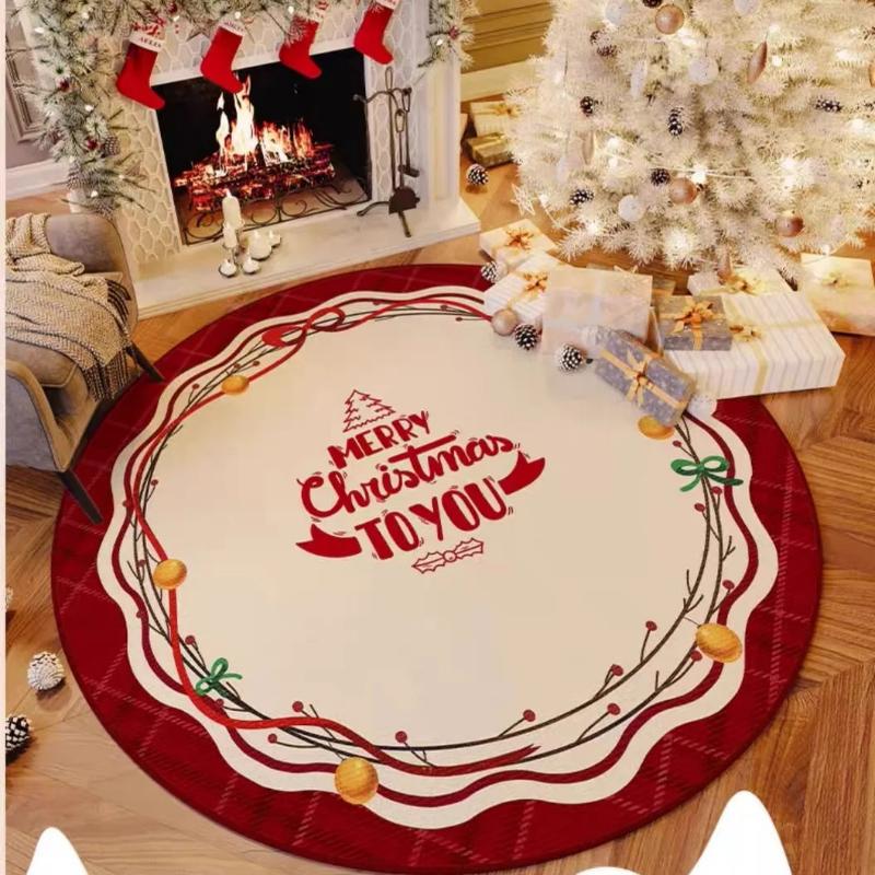 Christmas Round Carpet Living Room Bedroom Mat Festive Red Festive Atmosphere Decorated Christmas Tree Home Decoration