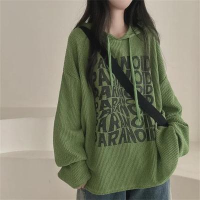 Women's Korean-Style Casual Waffle Hoodie, Loose Fit with Velvet, Perfect for Autumn and Winter