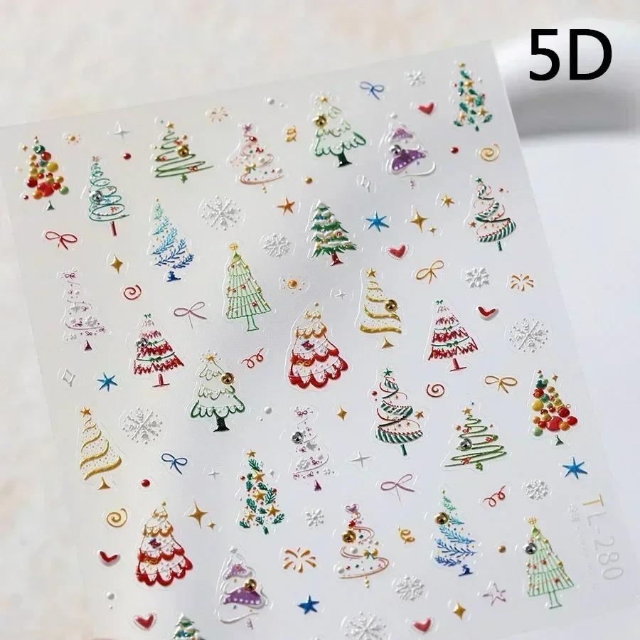 Gold Stamped White Christmas Tree Snowflake 3D Self Adhesive Nail Art Stickers Santa Claus Elk Xmas Cartoon Cute Manicure Decals