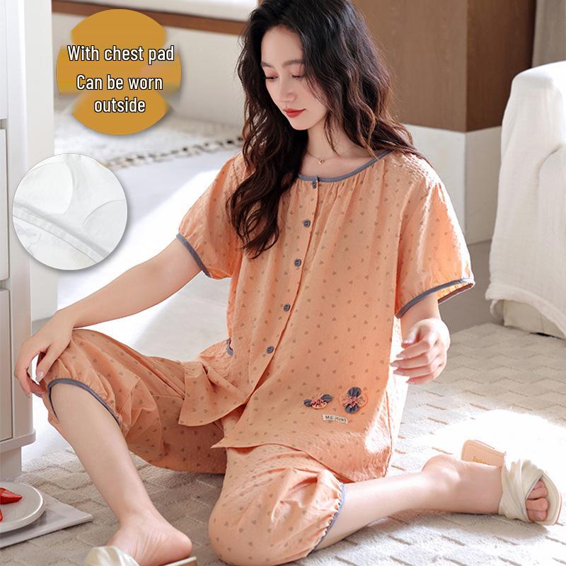 Women's Pajama Set with Chest Pads: Seven-Sleeve Cardigan & Nine-Point Pants for Spring, Autumn & Summer