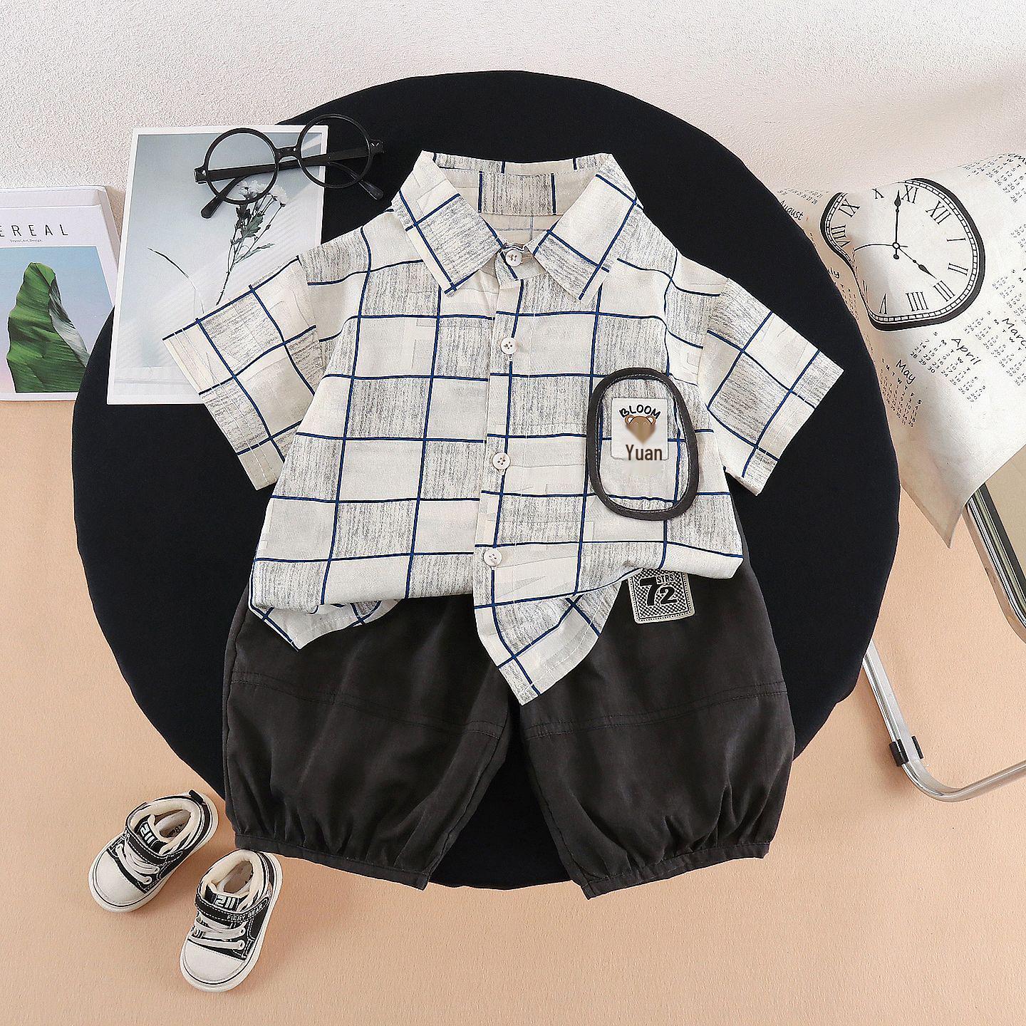 

Trendy Boys Plaid Summer Shirt & Shorts Set 2026 - Stylish Lapel, Pocket, Short Sleeve 110 cm