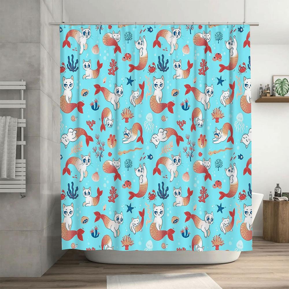 Cute Cat Fish Bathroom Decor Shower Curtain Ocean Marine Sea Animal Pattern Home Waterproof Fabric