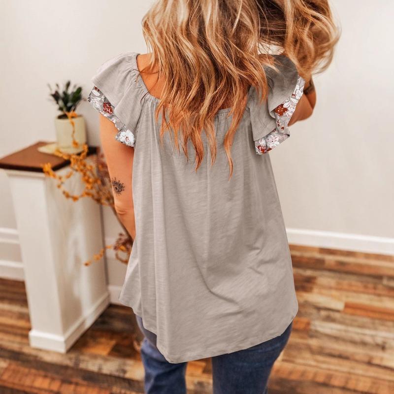 YYFS Women's Fashion Casual Flower Pattern Print Summer Spring Short Sleeve Square Collar Blouses & Shirts