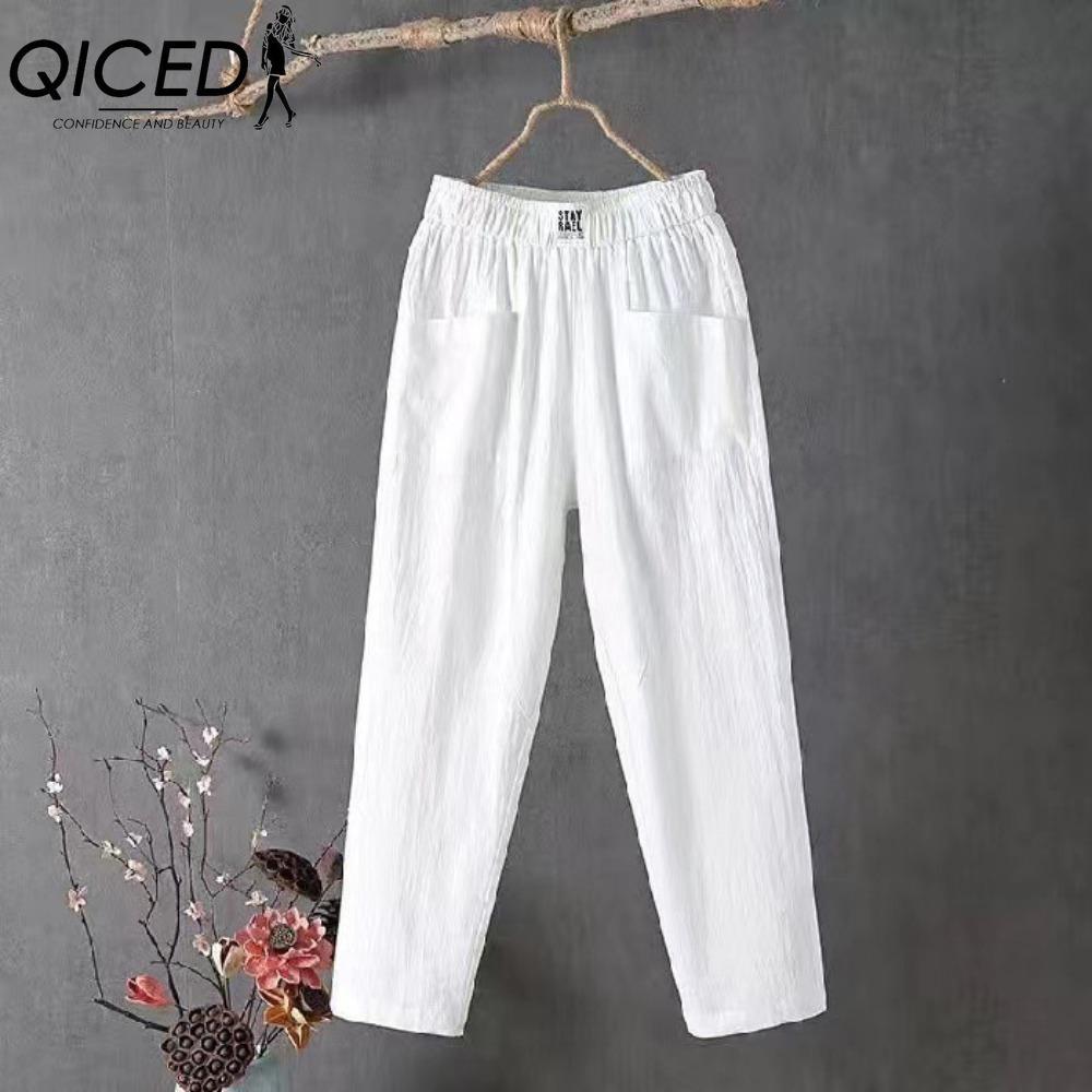 

QICED Летние женские брюки Повседневные хлопково-льняные брюки Свободные прямые брюки Брюки гаремы длиной девять точек S белый