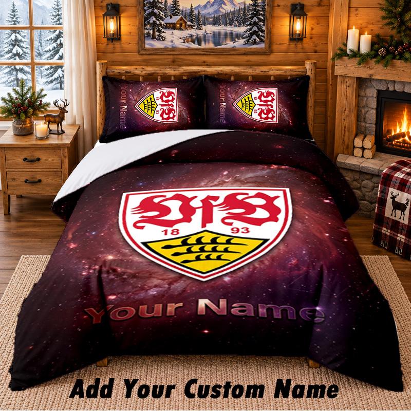 VfB Stuttgart FC Pattern Bedding 3Pcs Set Custom Name, Bed Sheet And Pillowcases For Home Bedroom