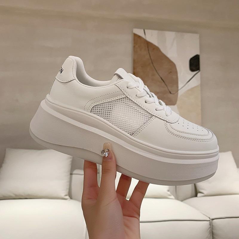 Real soft leather little white shoes for women's autumn new round head lace-up muffin thick sole to increase the height of casual versatile women