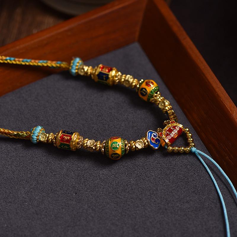 Tibetan Handmade Thangka Pendant Rope Necklace with Amber Charm